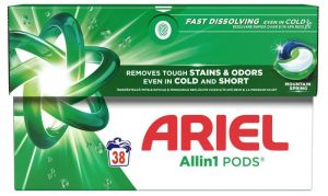 Ariel Pods 3 in 1 Mountain Spring 38 броя x19.1 гр. Гел капсули за бяло пране 37 броя